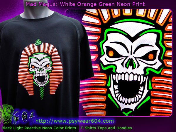 Mad magus psytrance and techno t-shirts and hoodies with black-light reactive neon colors