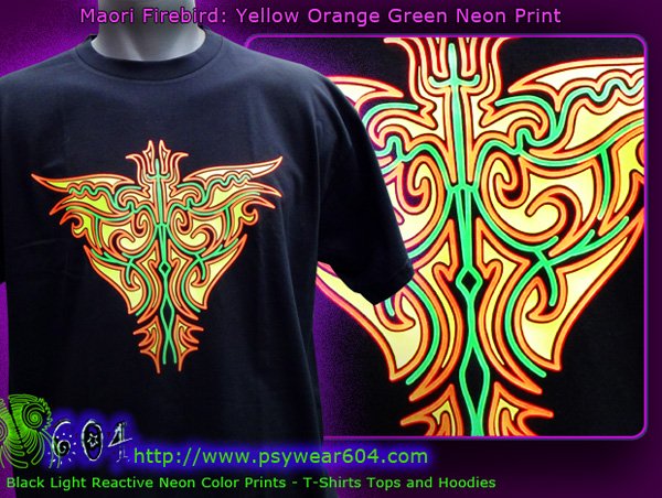 Maori firebird psytrance clothing, t-shirts and hoodies with black-light reactive neon colors