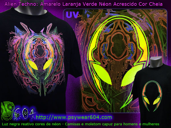 Alien Techno | Roupa Psytrance T-shirt e Moleton Bordado com cores neon reativas Preto-luz