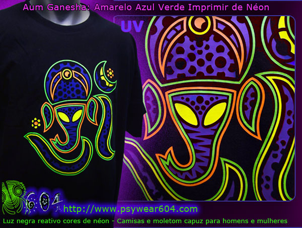 Aum Ganesha | Roupa Psicadélico T-shirt e Moleton Bordado com cores neon reativas Preto-luz