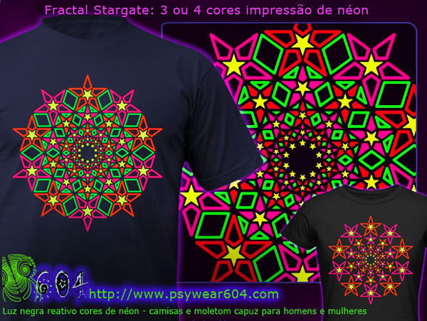 Fractal Stargate | Roupa Psicadélico T-Camisetas e Moleton Bordado com cores neon reativas Preto-luz