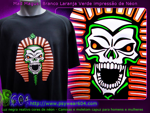 Mad Magus | Roupas Psicadélico. Camiseta e Moleton Bordado com cores neon reativas Preto-luz