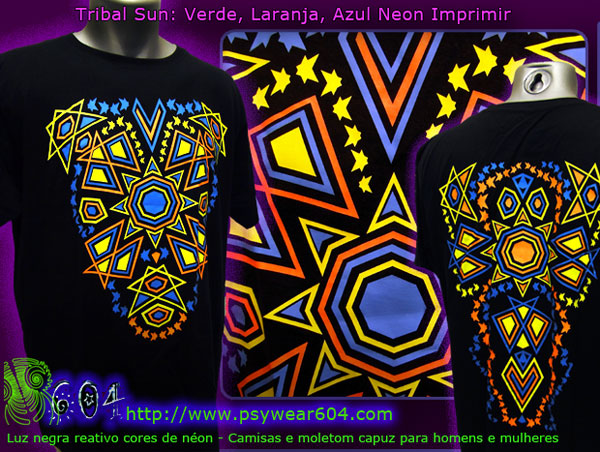 Tribal Sun T-shirt e Moleton Bordado com cores neon reativas Preto-luz