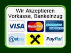 Zahlungsmöglichkeiten, Visa, Mastercard, PayPal. Wir akzeptieren Banküberweisung