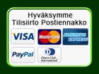 Maksuvaihtoehtoja, Visa, MasterCard, paypal. Hyväksymme Tilisiirto