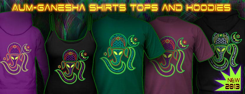 Aum Ganesha T-Shirts and Hoodies with Blacklight Neon Color Print