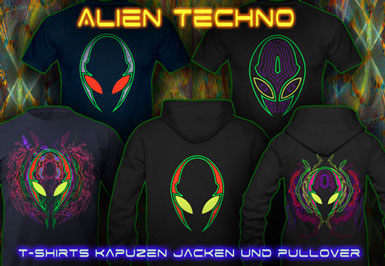 Alien Techno | Psy T-Shirts und Kapuzenpullover mit Schwarzlicht Neon Farben Druck