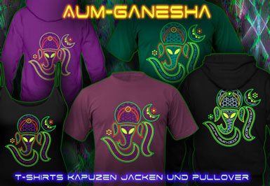 Goa Klamotten | Aum Ganesha T-Shirts und Kapuzenpullover mit Schwarzlicht Neon Farbdruck