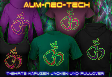 Goa Klamotten | Aum Neo Tech T-Shirts und Kapuzenpullover mit Schwarzlicht Neon Farbdruck