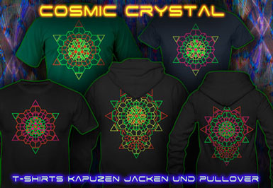 Leuchtfarben Kleidung | Cosmic Crystal T-Shirts und Kapuzenpullover mit Schwarzlicht Neon Farben Druck