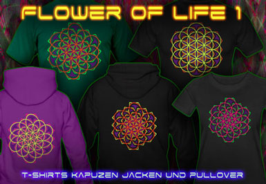 Flower of LIfe T-Shirts und Kapuzenpullover mit Schwarzlicht Neon Farbdruck