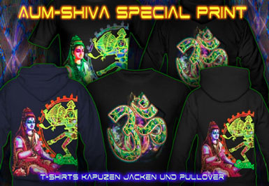 Aum Shiva T-Shirts und Kapuzenpullover mit Schwarzlicht Neon Farbdruck