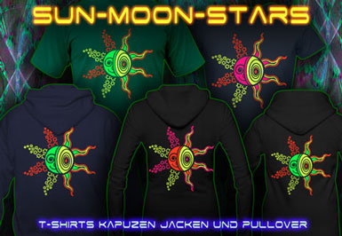 Sun Moon Stars T-Shirts und Kapuzenpullover mit Schwarzlicht Neon Farben Druck