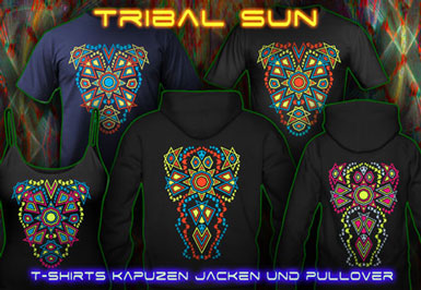 Tribal Sun T-Shirts und Kapuzenpullover mit Schwarzlicht Neon Farbdruck