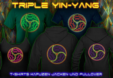 Triple Yin Yang T-Shirts und Kapuzenpullover mit Schwarzlicht Neon Farbdruck