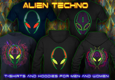 Alien Techno T-Shirts and hoodies with a black-light reactive neon color print