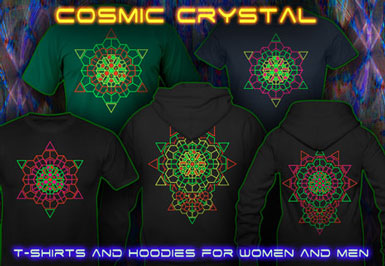 Cosmic Crystal Psytrance T-Shirts and hoodies with a black-light reactive neon color print