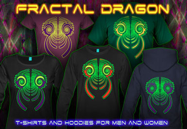 Fractal Dragon T-Shirts and hoodies with a black-light reactive neon color print