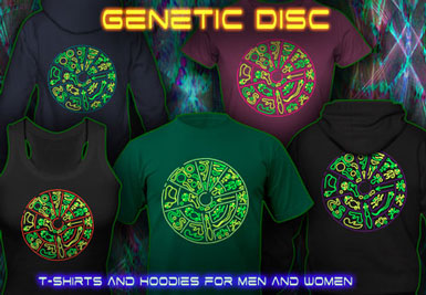 Genetic Disc Psytrance T-Shirts and hoodies with a black-light reactive neon color print