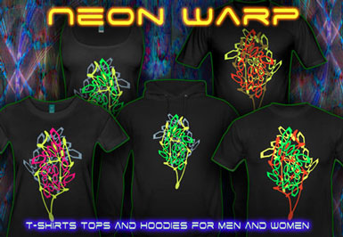 Neon Warp T-Shirts and hoodies with a black-light reactive neon color print