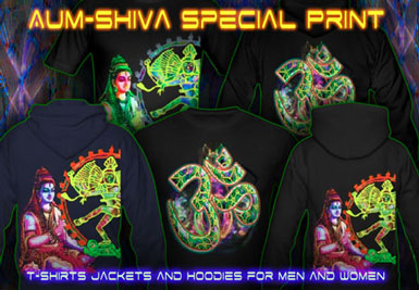 Aum Shiva T-Shirts and hoodies with a black-light reactive neon color print