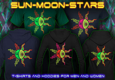 Sun Moon Stars T-Shirts and hoodies with a black-light reactive neon color print