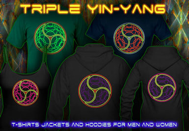 Triple Yin Yang T-shirt e felpe con cappuccio con una luce nera reattiva stampa di neon