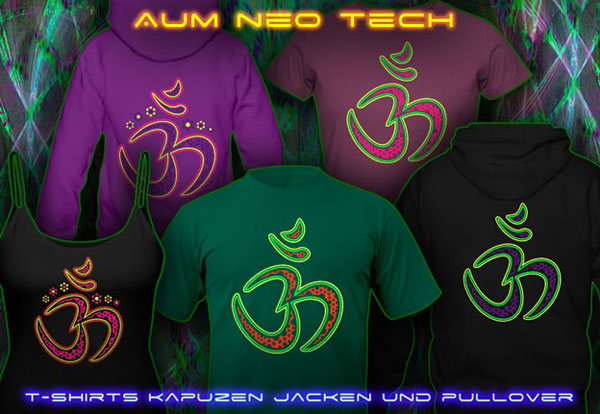 Aum Neo: Psychedelische Goa Kleidung | T-Shirts und Kapuzenpullis mit Schwarzlicht -reaktive Neonfarben