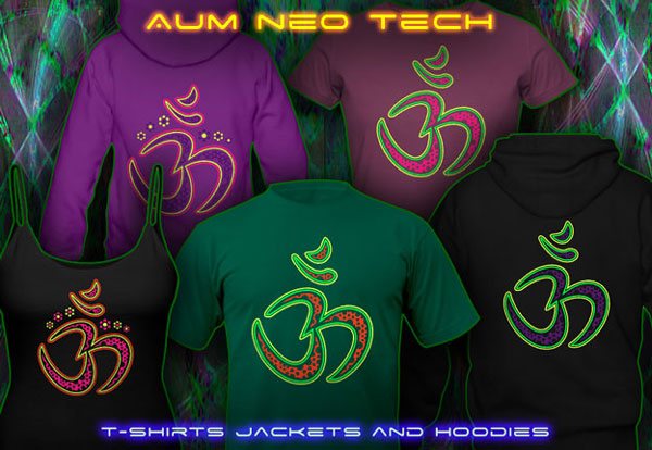 Aum neo t-shirts and hoodies, psytrance clothing  with black-light reactive neon colors